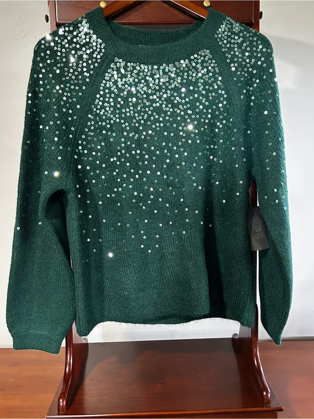 NWT Vince Camuto Women’s Small Emerald Green Sequin Crewneck Sweater Holidays